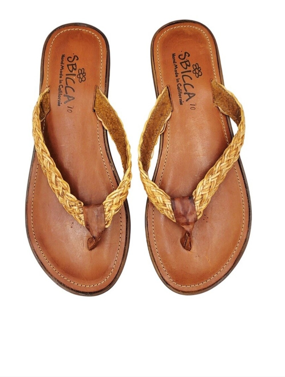 Sbicca Brown Leather Woven Flip Flop Thong Sandals Made in California Women’s 10